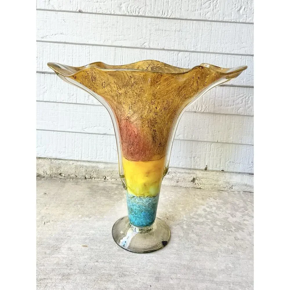 1970s Vintage Murano-Style Handblown Encased Flared Amber Teal Trumpet Vase 17”